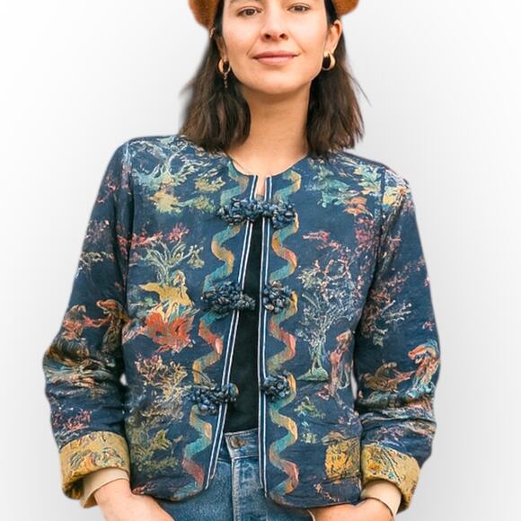 Vintage Jackets & Blazers - Vintage Doncaster Tapestry Jacket Blue Folk Art Pastoral Scene Blazer Size 10